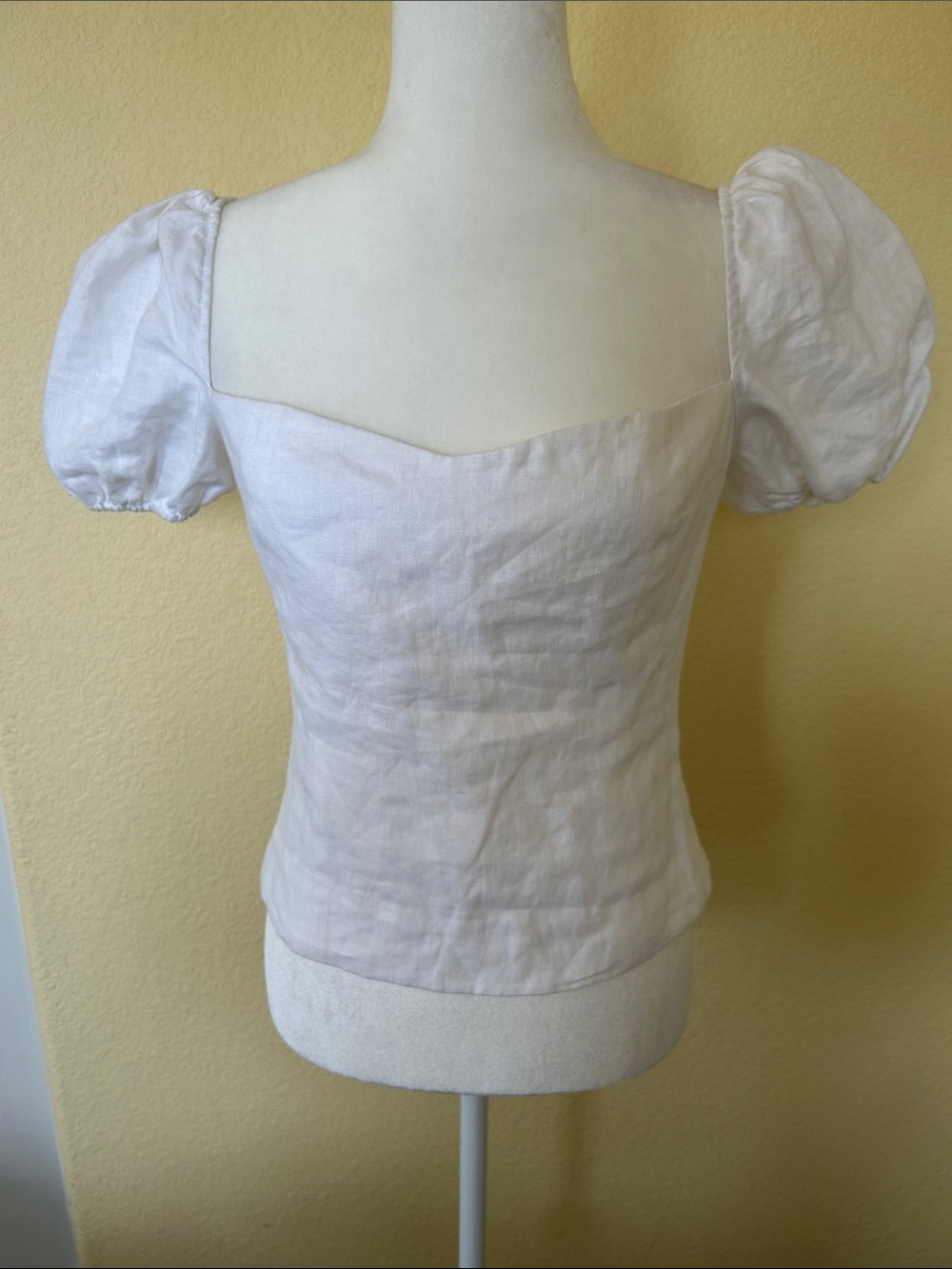 Reformation White Puff Sleeve Square Neck Linen Top